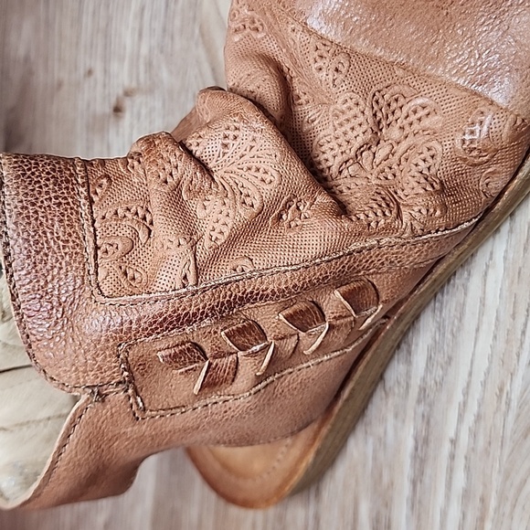 Miz Mooz Flair Scrunch Leather Ruched Sandals Brandy Open Round Toe Ankle Zip - Picture 13 of 14